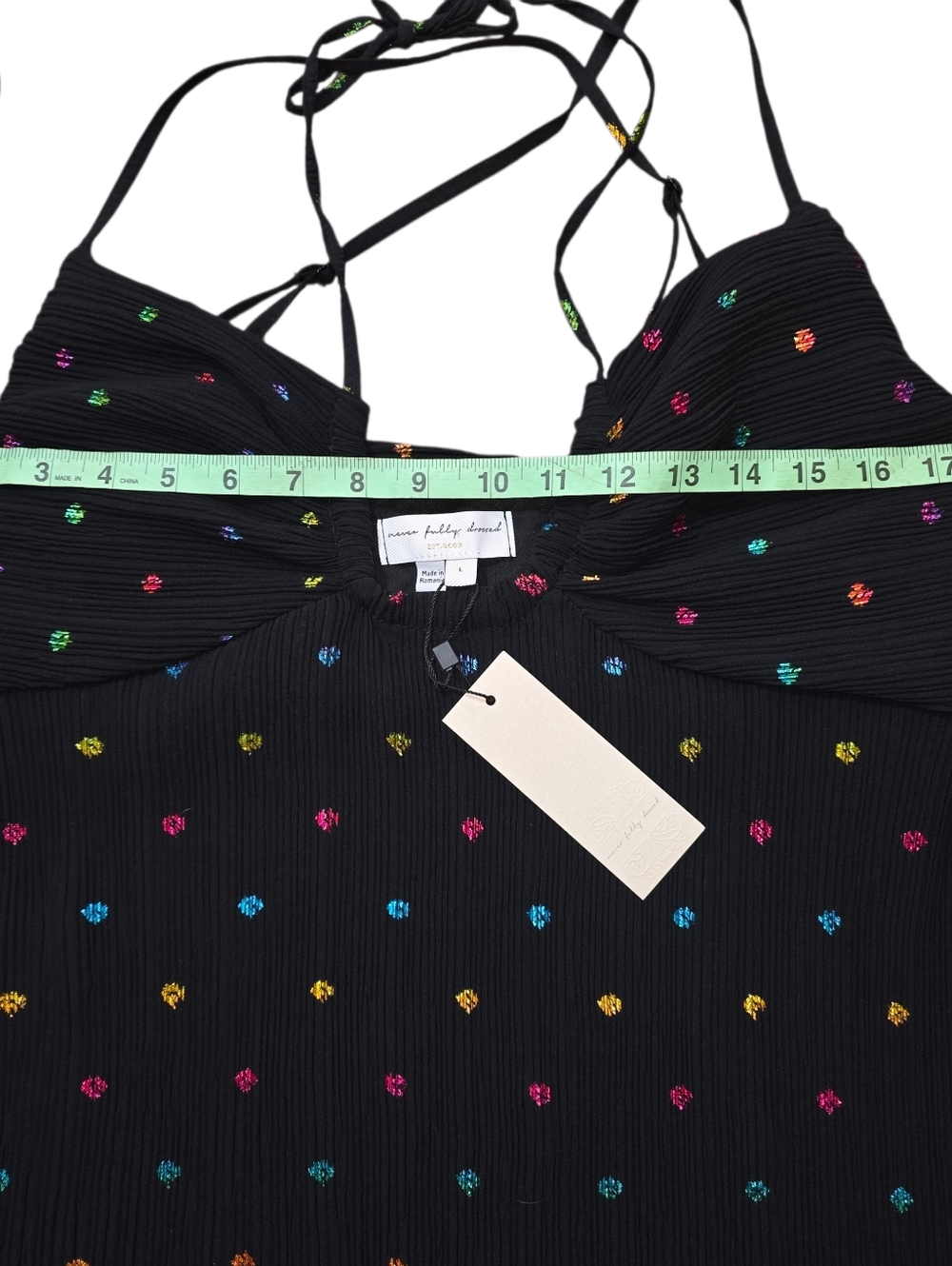 NWT Never Fully Dressed Megan Plissé Dress L Blk Metallic Polka Dot Maxi Halter - Picture 12 of 15